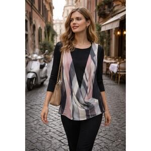Komarov Medium Layered Blouse Black Sheer Printed Drape Top NWT Elegant